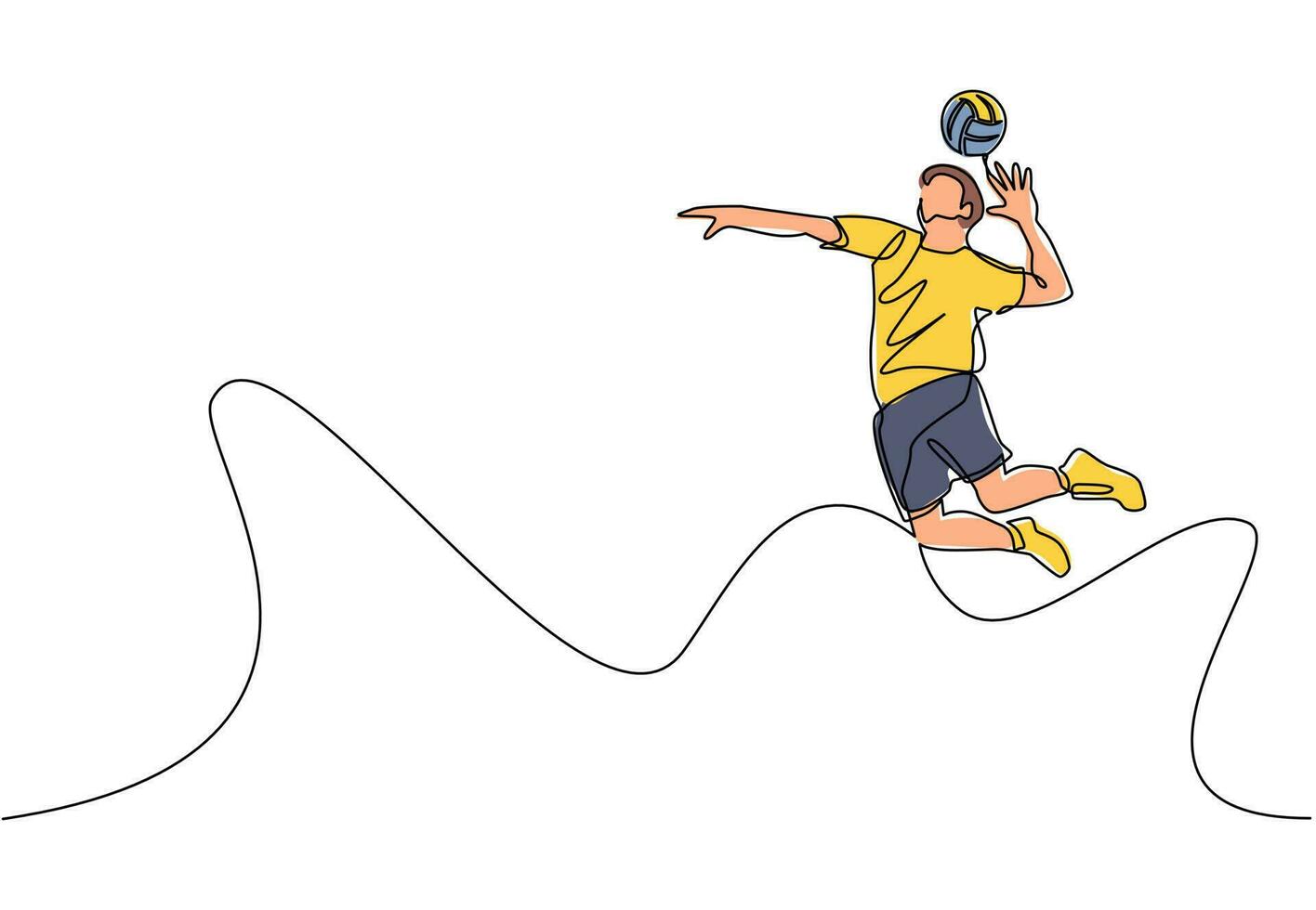 continu een lijntekening jonge man volleybal atleet speler in actie spike springen op de baan. teamsport spel toernooi. gezondheidsactiviteit oefening. enkele lijn tekenen ontwerp vectorillustratie vector