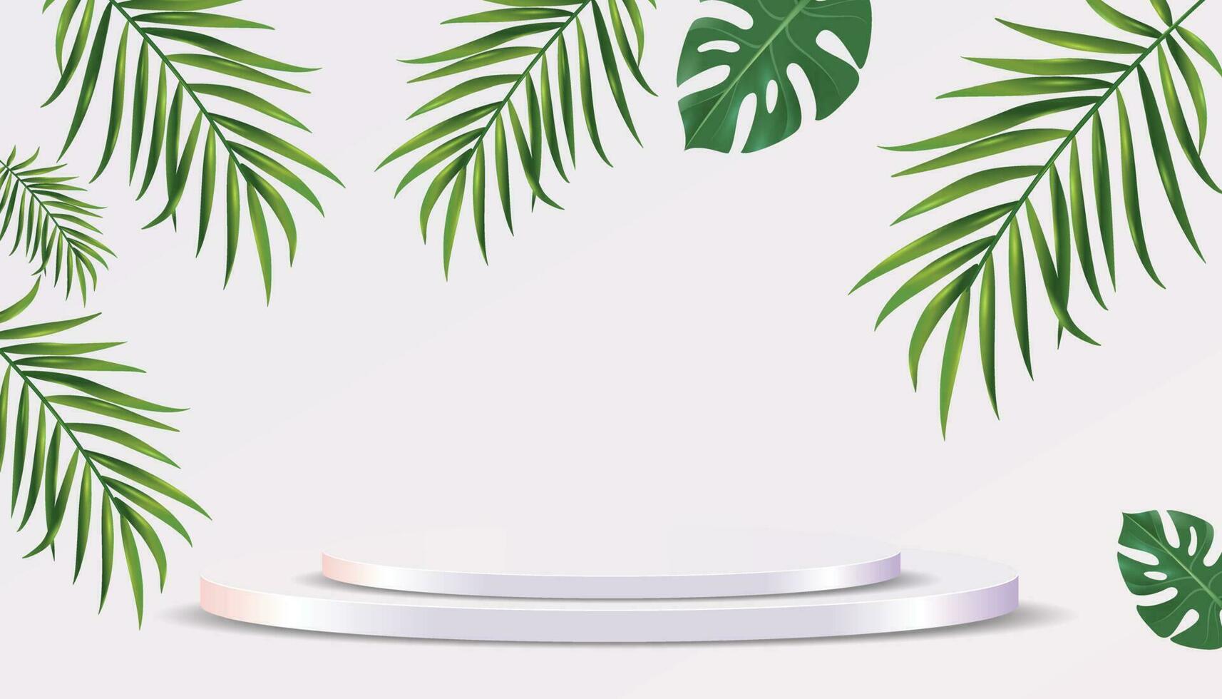 realistisch 3d voetstuk over- zonnig achtergrond met palm bladeren. modieus leeg podium Scherm voor advertenties kunstmatig Product presentatie, mode tijdschrift vector