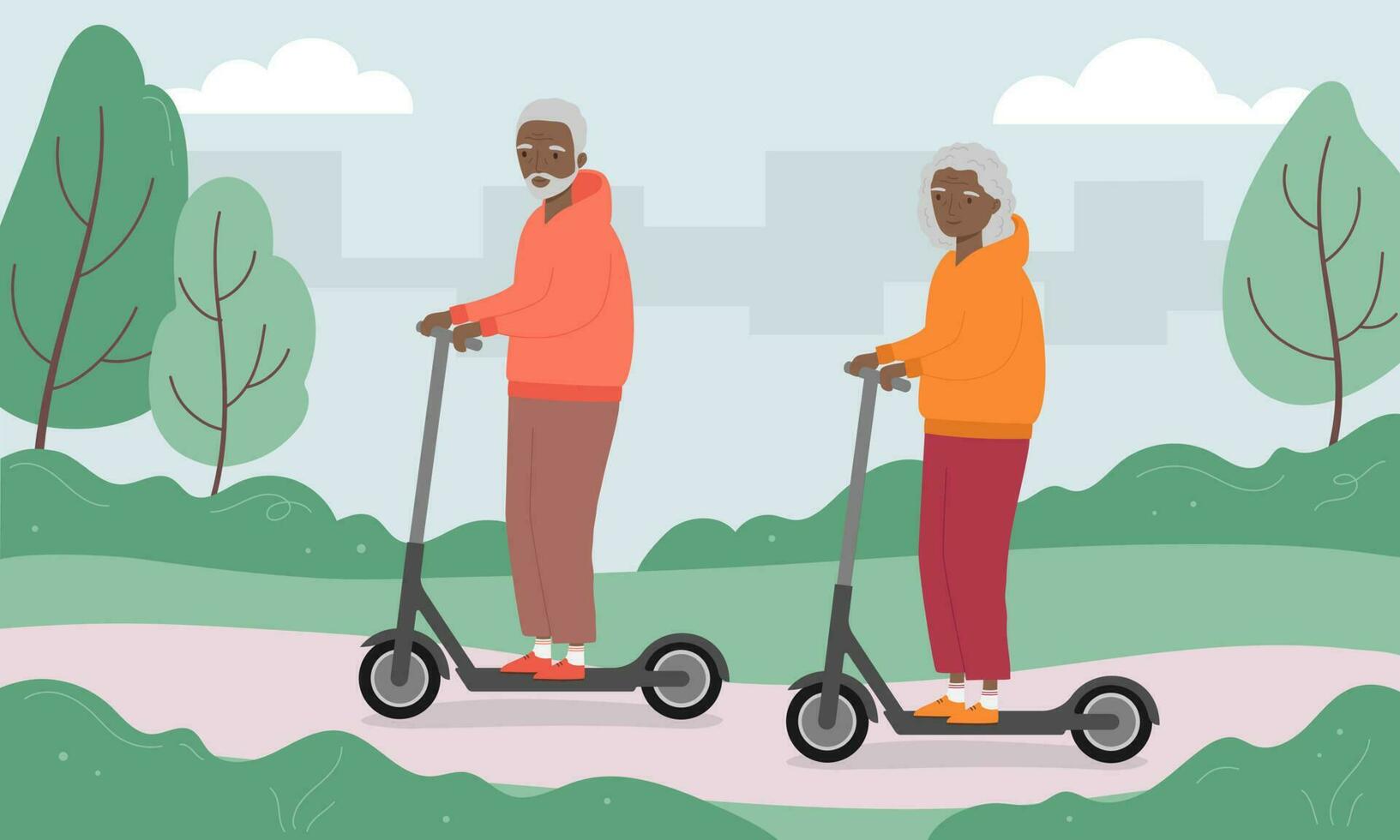 senior Mens en vrouw rijden trap scooter. oud Mens en vrouw rijden elektrisch scooter in de stad park. vector illustratie
