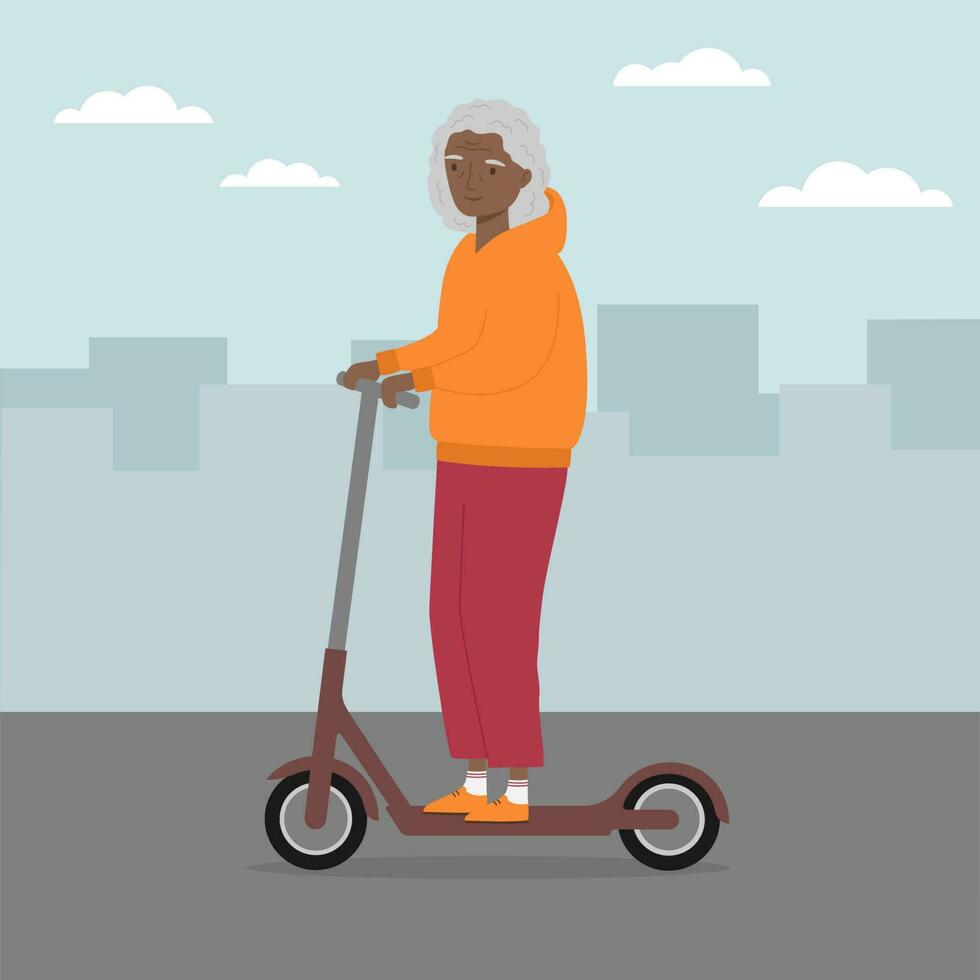 senior vrouw rijden trap scooter. oud vrouw rijden elektrisch scooter in de stad. vector illustratie