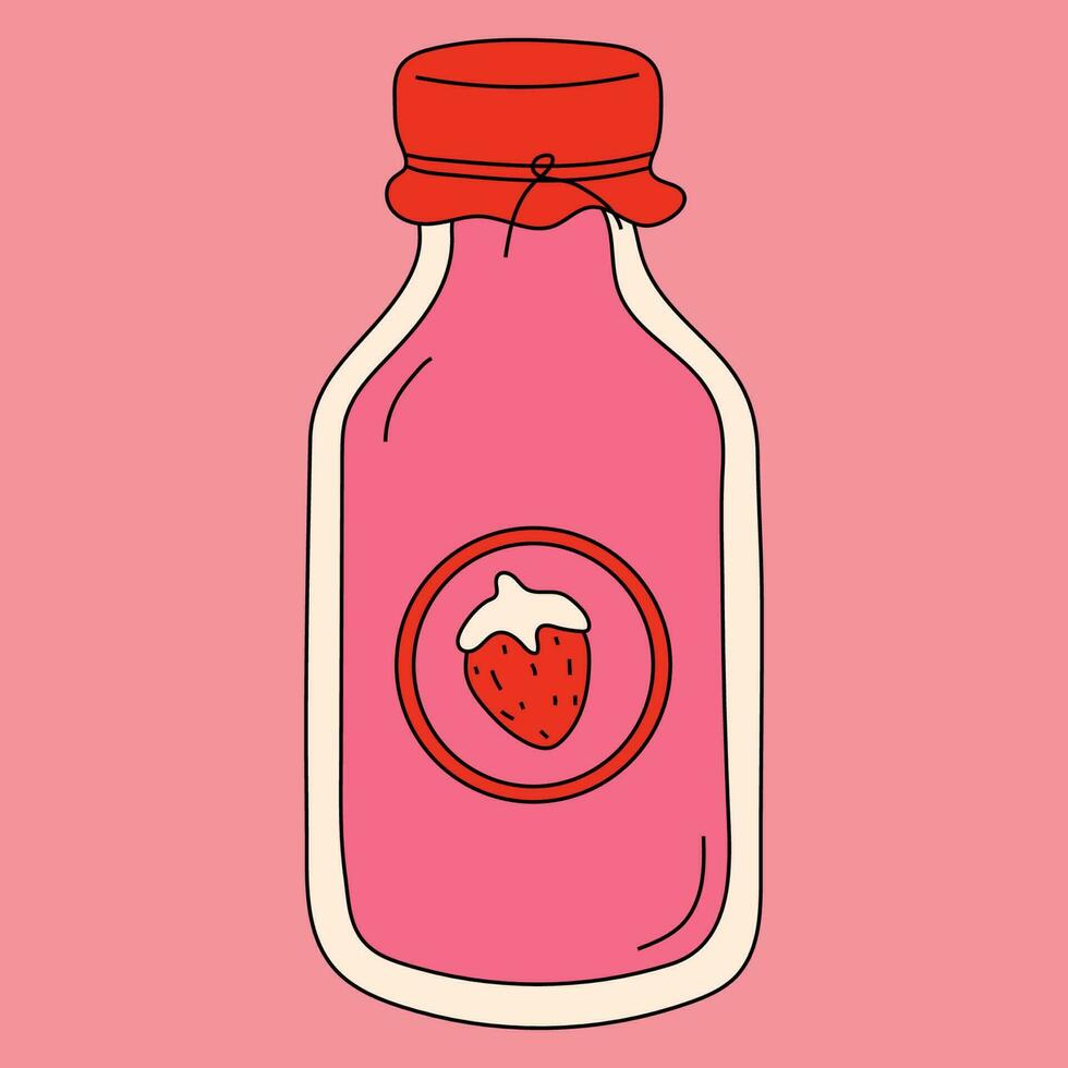 een fles van aardbei melk met een rood pet en een aardbei Aan de top. vector