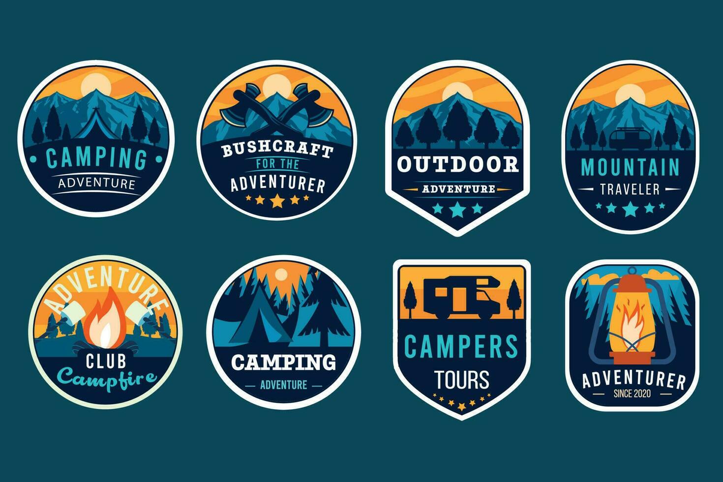 reeks van buitenshuis insignes, zomer camping logo vector