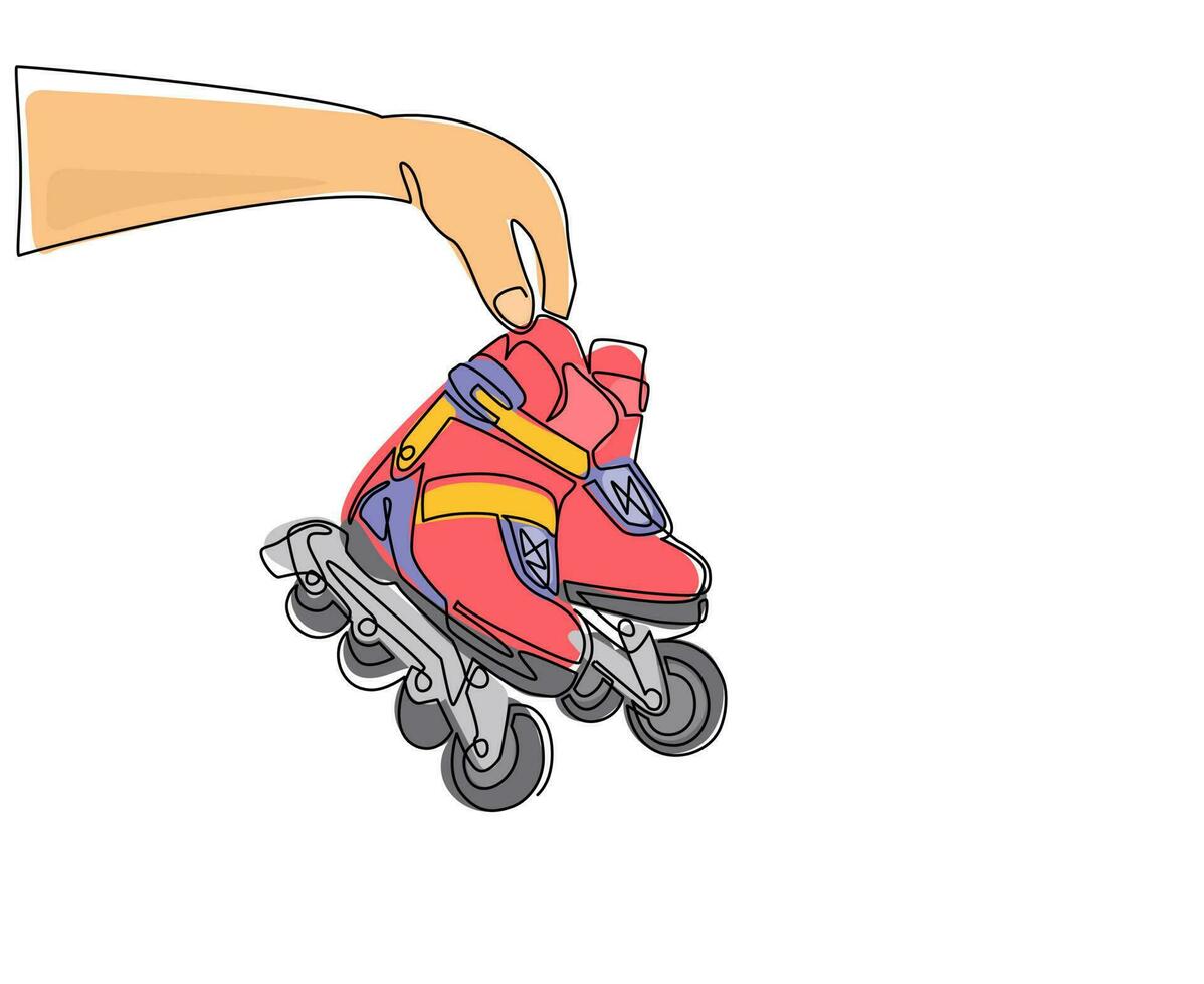 enkele één lijntekening speler hand houdt rollerblade. man hand met paar oude retro plastic inline skates schoenen. vintage klassieke extreme sport. doorlopende lijn tekenen ontwerp vectorillustratie vector