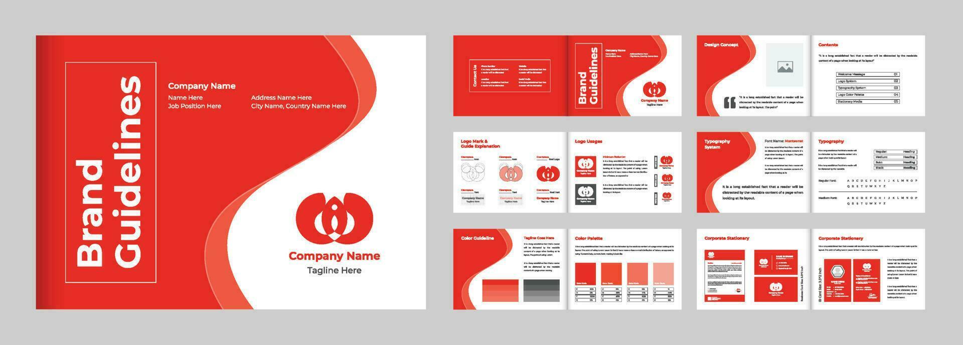 creatief branding richtlijnen en handleiding presentatie sjabloon vector met rood en donker kleuren. zakelijke merk identiteit en logo richtlijnen indeling. bedrijf ontwerp handleiding sjabloon vector.