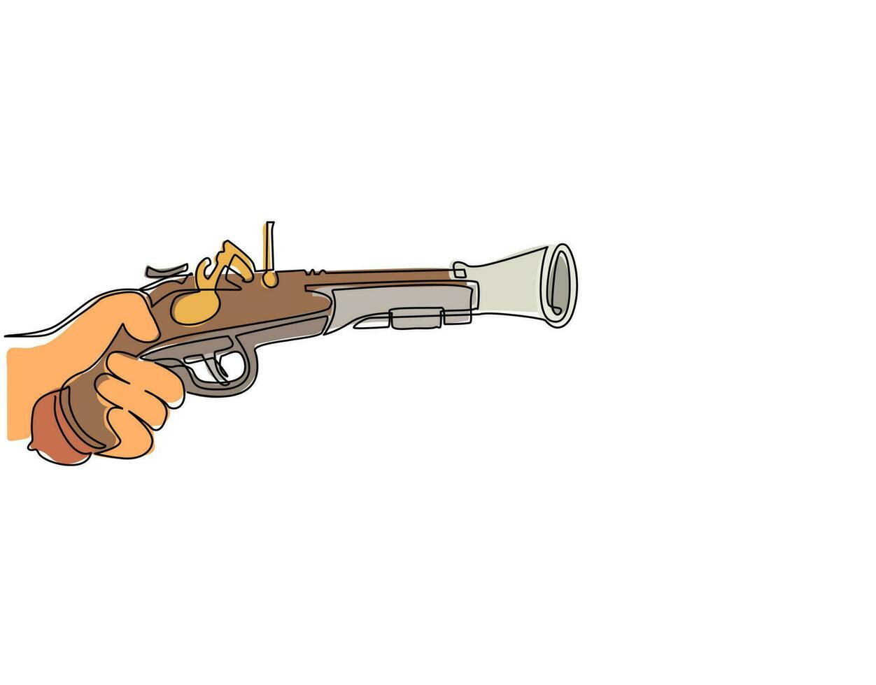 enkele doorlopende lijntekening hand met oude flintlock pistool. flintlock pistool wapen pistool antiek. militaire flintlock houten retro piraat. vintage vuurwapen. een lijn tekenen grafisch ontwerp vector