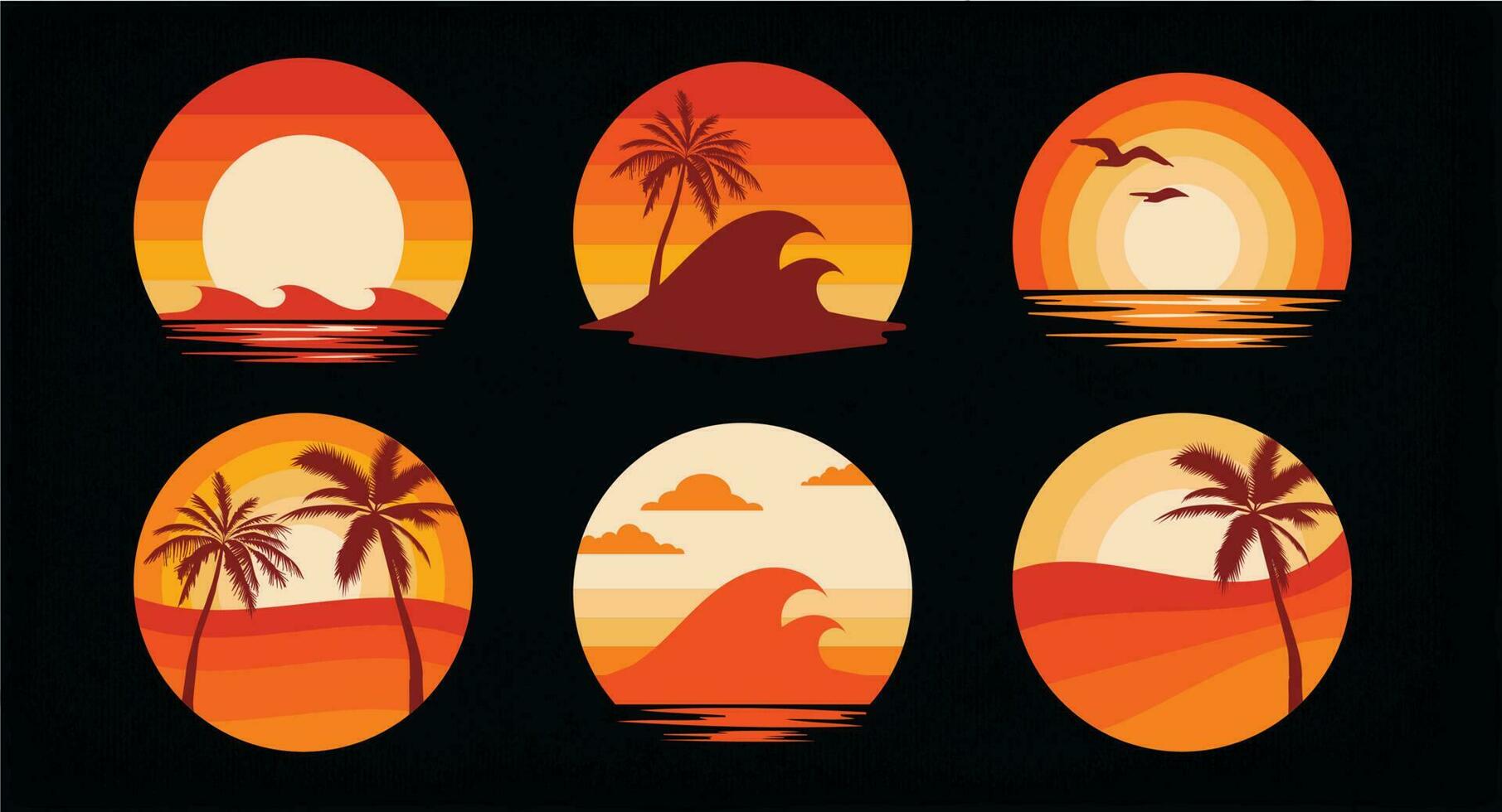 retro strand zonsondergang reeks zee oceaan vakantie reizen zomer vector