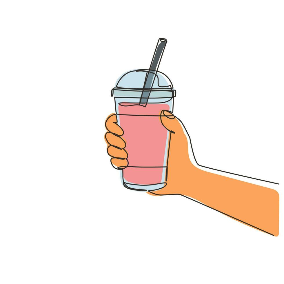 enkele doorlopende lijntekening hand met een bubble tea plastic beker. boba-thee, een zoete taiwanese melkthee-drank populair in Azië. trend eten en drinken concept. één lijn tekenen ontwerp vectorillustratie vector