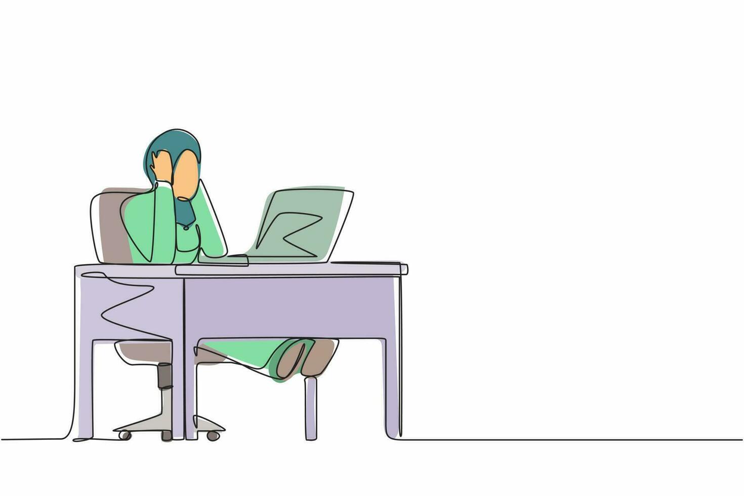 enkele doorlopende lijntekening moe kantoor werknemer vrouw. arabisch vrouwelijk werk bij laptop voelt zich slecht. haar hoofd vasthouden. hoofdpijn ziek, uitgeput, gestrest, depressie. een lijn tekenen grafisch ontwerp vector