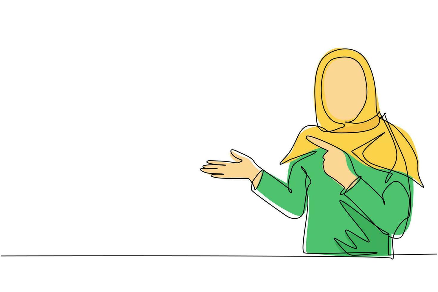 enkele doorlopende lijntekening schattige arabische vrouw in hijab die iets presenteert. jonge zakenvrouw die iets laat zien of een project presenteert. dynamische één lijn trekken grafisch ontwerp vectorillustratie vector