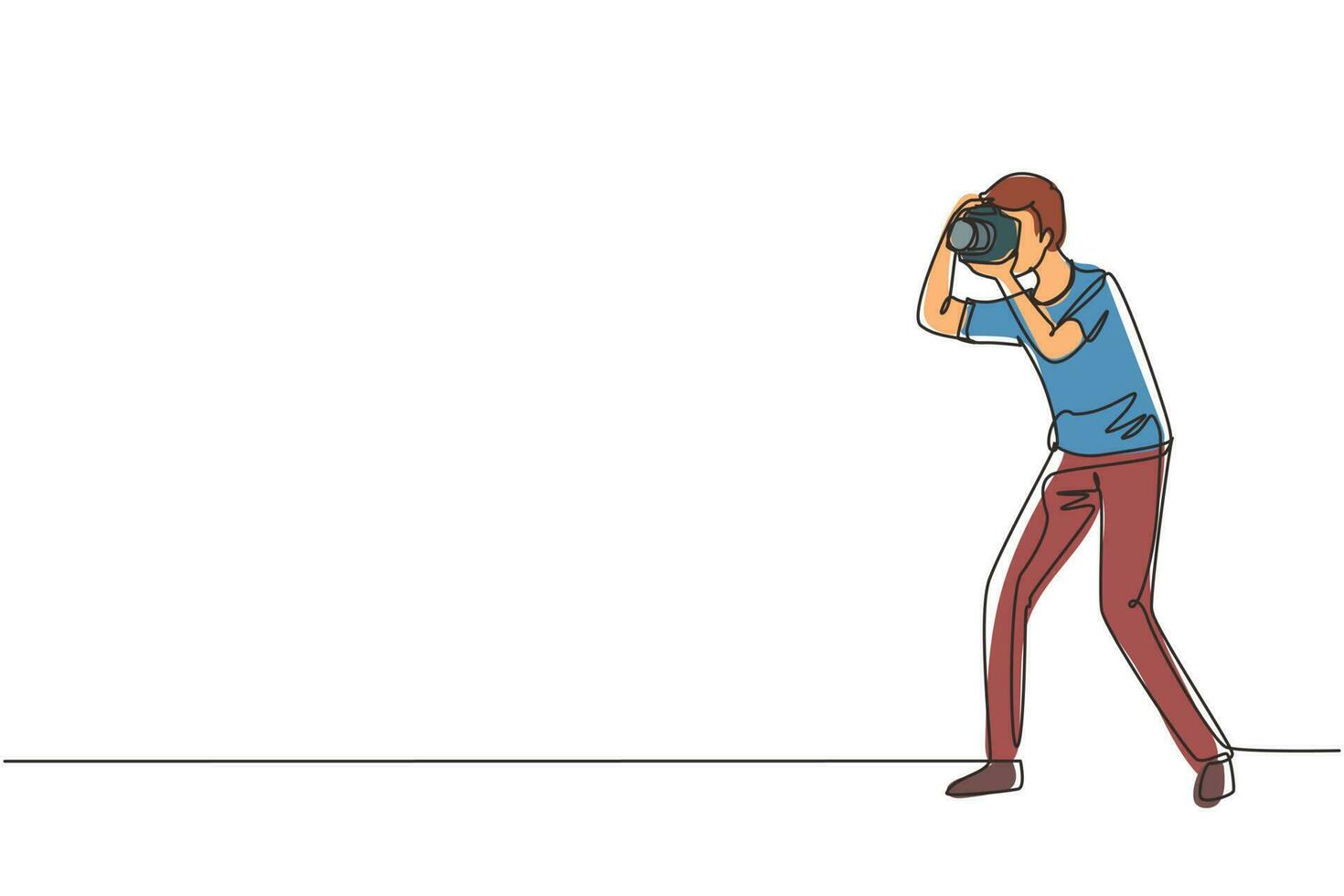 single doorlopend lijn tekening fotograaf nemen foto houding. camera en professioneel exploitant, correspondent Mens. mannetje met camera maken afbeeldingen. een lijn trek grafisch ontwerp illustratie vector