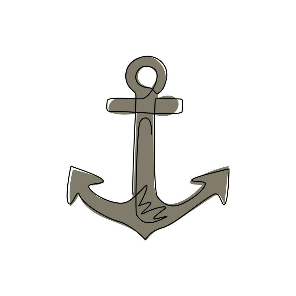 enkele doorlopende lijntekening ankerlogo. nautische maritieme zee oceaan boot symbool. nautisch pictogram vaartuig teken, boot, vrachtvervoer geïsoleerd. dynamische één lijn trekken grafisch ontwerp vectorillustratie vector