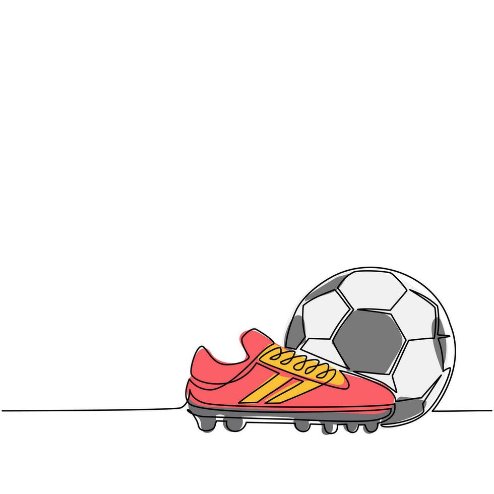 enkele een lijntekening voetbalschoenen en voetbal. voetbal icoon. voetbal laarzen. sport inventaris. competitief en competitiespeltoernooi. doorlopende lijn tekenen ontwerp vectorillustratie vector