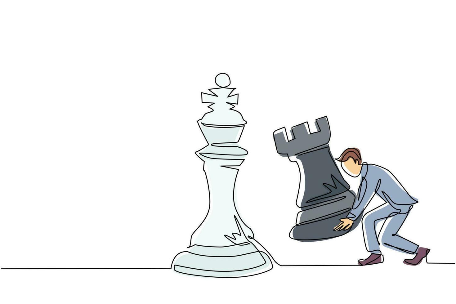 continu één lijntekening zakenman met torenschaakstuk om koningsschaak te verslaan. strategische planning, bedrijfsontwikkelingsstrategie, tactieken in ondernemerschap. enkele lijn tekenen ontwerp vector