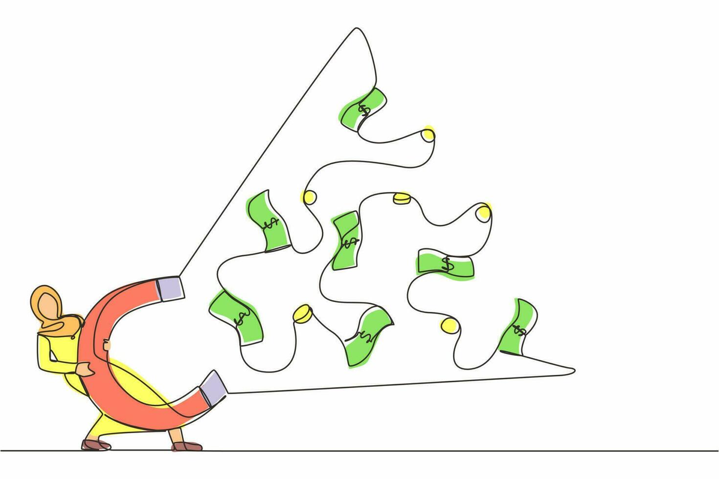 enkele een lijntekening Arabische zakenvrouw die grote magneet gebruikt om geld aan te trekken. geld verdienen, succesvol bedrijfsidee, financieel succes, winst en winst. ononderbroken lijntekening ontwerp grafische vector