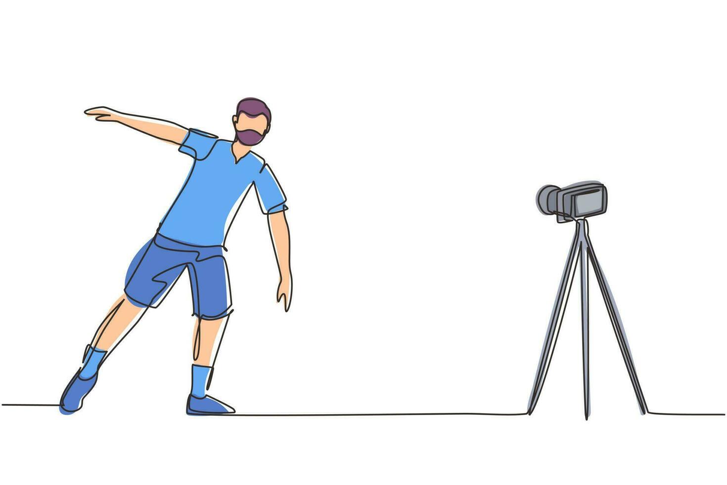 continu één lijntekening gelukkige jonge Arabische man doet oefening op mat met camera. video opnemen voor blog op videocamera. online training. thuis sporten. enkele lijn tekenen ontwerp vectorillustratie vector