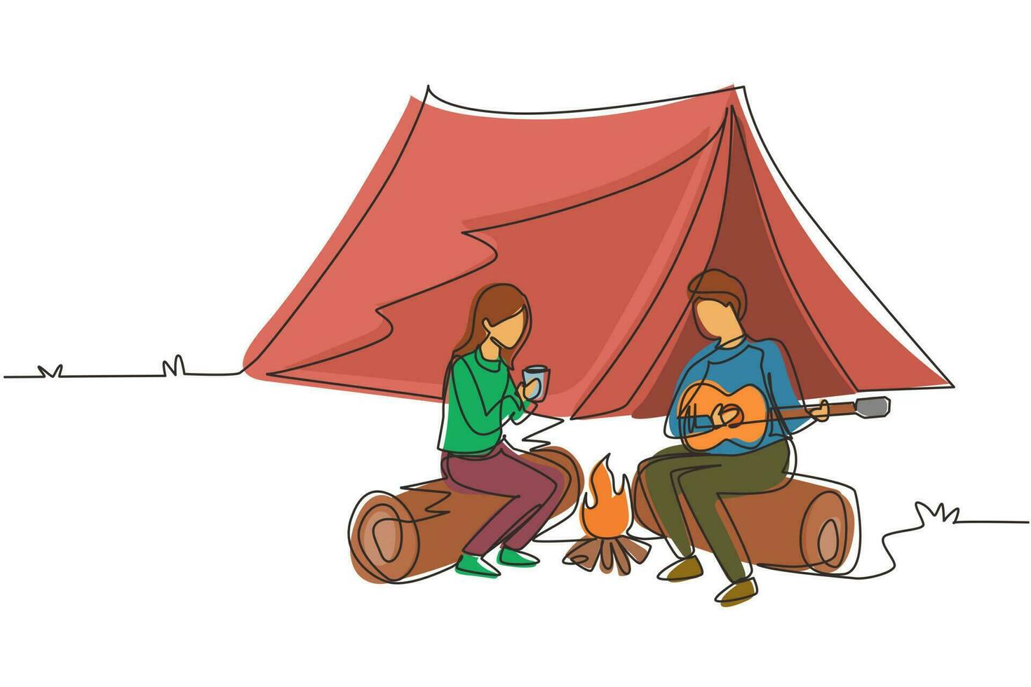 enkele doorlopende lijntekening man vrouw wordt warm in de buurt van kampvuur. meisje die thee drinkt en een jongen die gitaar speelt, zittend op boomstammen. paar in de buurt van vreugdevuur, romantische date camping. één lijn tekenen ontwerp vector