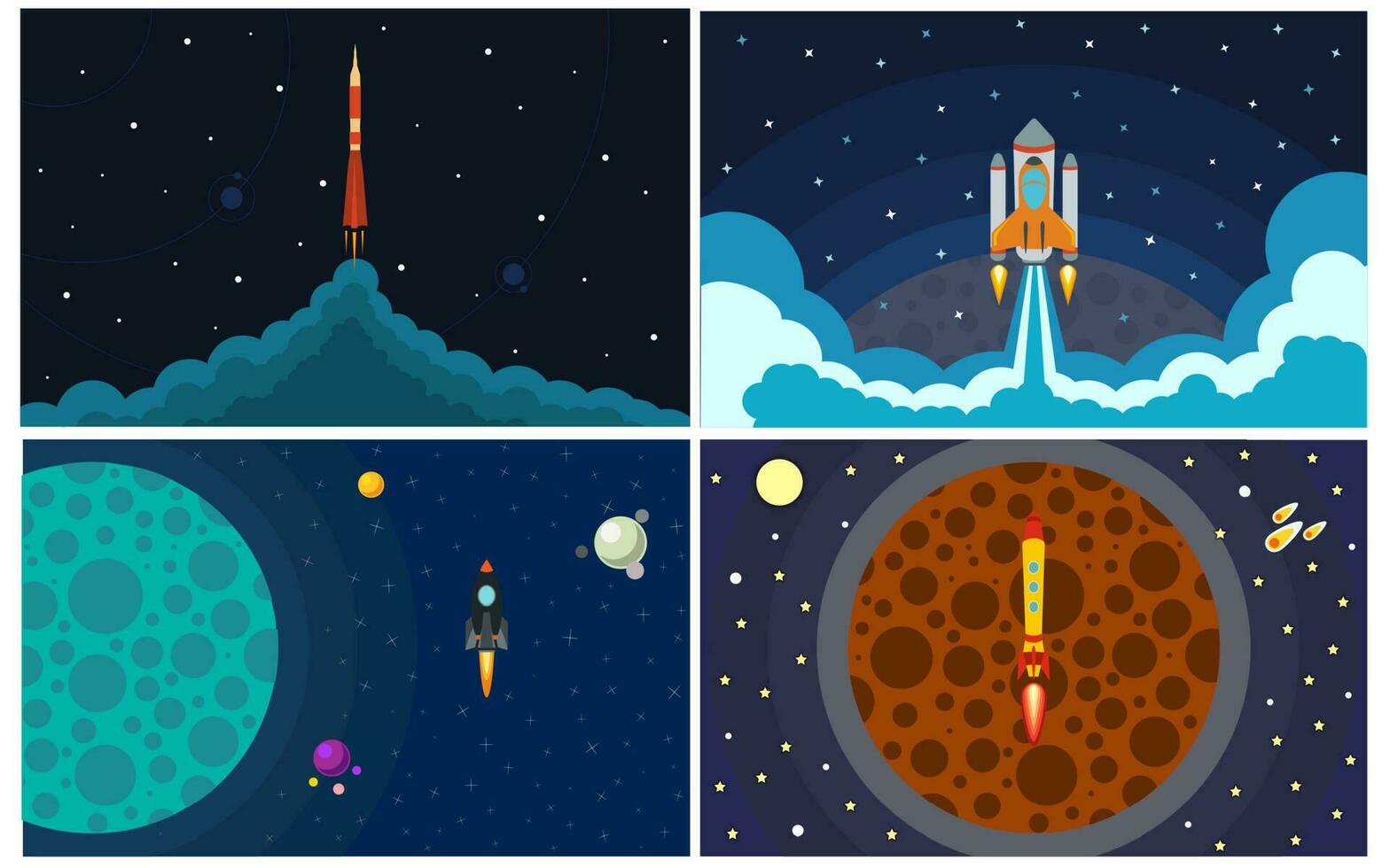 reeks van vier vector illustratie met vliegend raket. ruimte reizen.