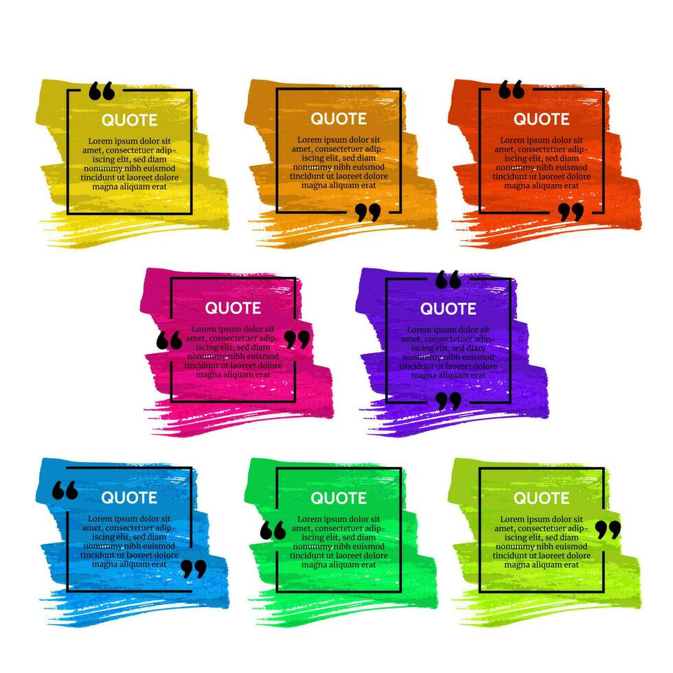 reeks van acht zwart plein citaat doos kaders Aan kleurrijk uitstrijkjes geïsoleerd Aan wit achtergrond. vector illustratie