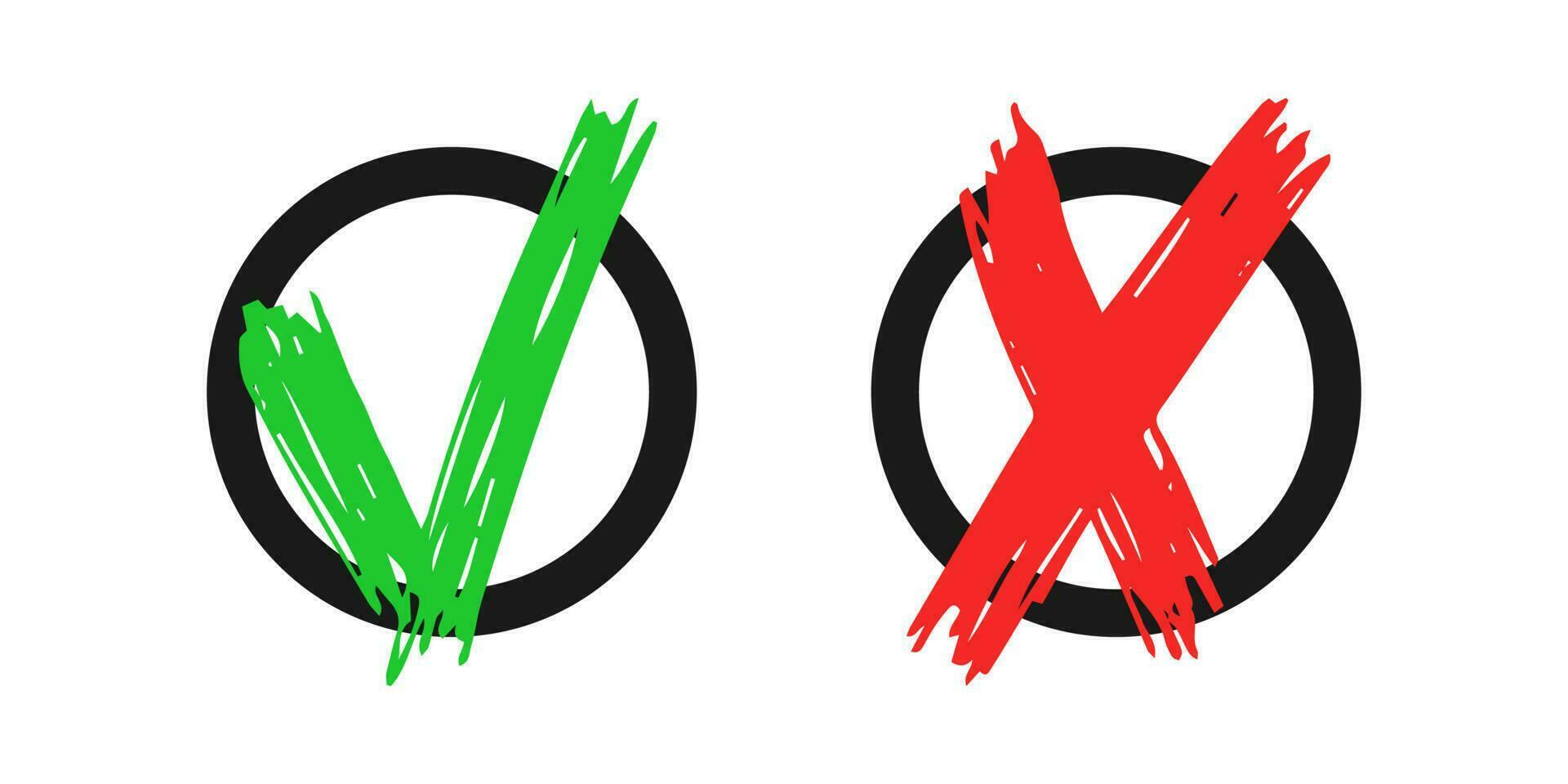 hand- getrokken controleren en kruis teken elementen geïsoleerd Aan wit achtergrond. grunge tekening groen vinkje OK en rood X in zwart cirkel pictogrammen. vector illustratie