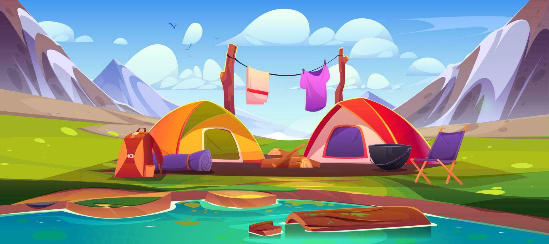 berg kamp met tenten en kampvuur in de buurt meer vector