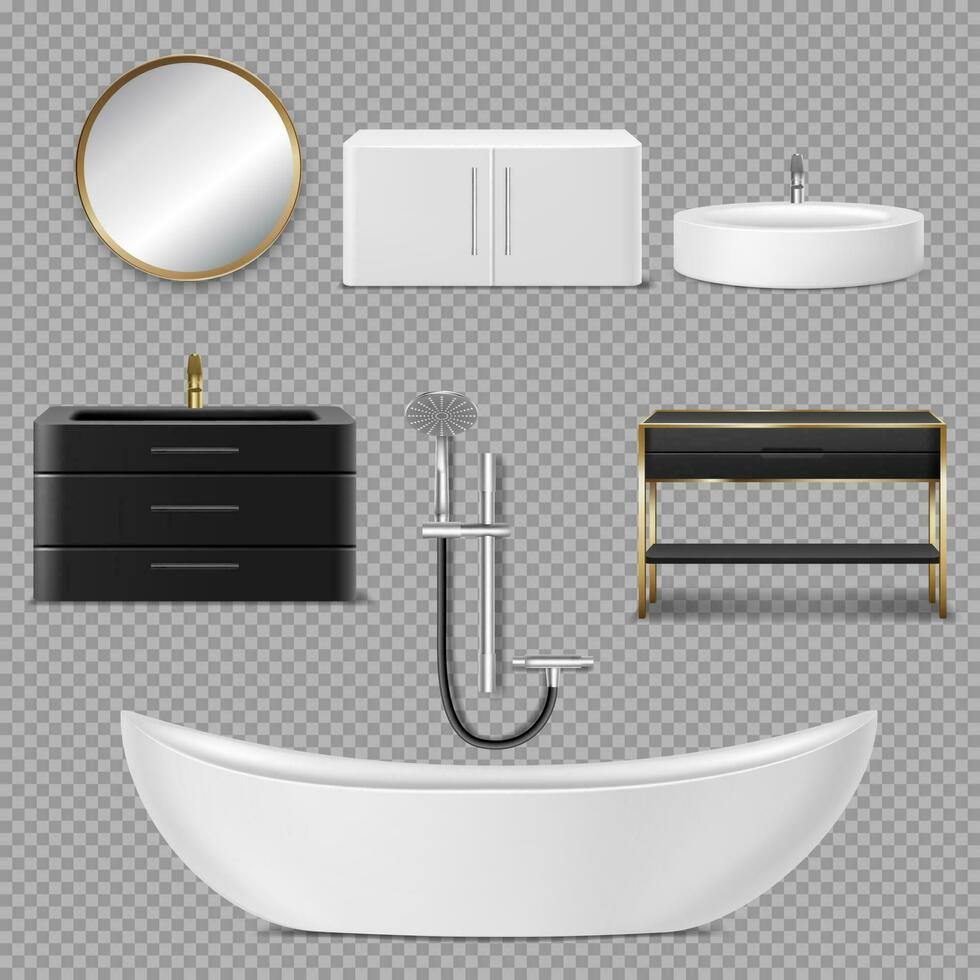 bad, douche, spiegel en wastafel pictogrammen voor badkamer vector