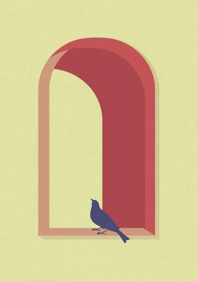 esthetisch decoratie, zittend vogel in venster illustratie poster. minimalistische boho kunst afdrukken. midden eeuw muur kunst afdrukken voor slaapkamer decor. vector