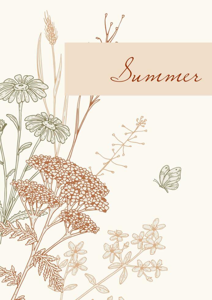 hand- getrokken zomer wilde bloemen ontwerp. vector illustratie in schetsen stijl. weide bloemen esthetisch achtergrond