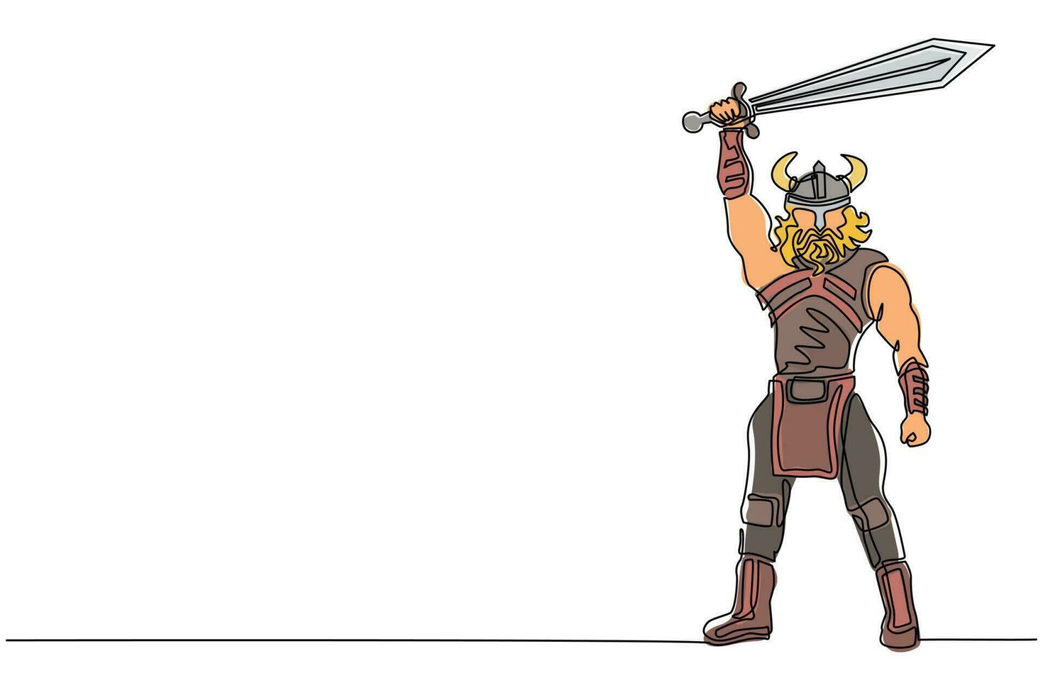 enkele doorlopende lijntekening Noordse man die zwaard in de lucht houdt. vector van krijger die viking oorlogspantser draagt. karakter uit de heidense en Scandinavische mythologie. ontwerpillustratie met één lijntekening