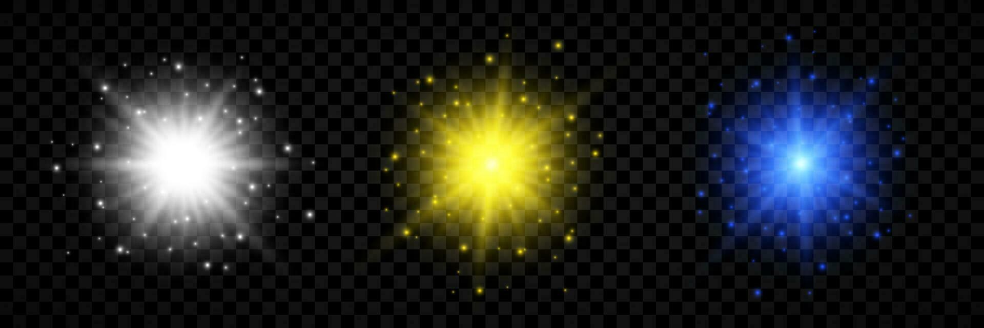 licht effect van lens fakkels. reeks van drie wit, geel en blauw gloeiend lichten starburst Effecten met sparkles vector