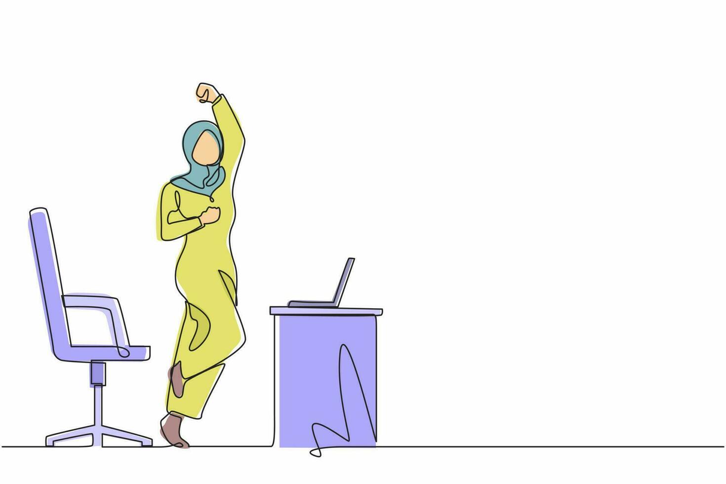 enkele lijntekening gelukkige Arabische zakenvrouw springen en dansen op haar werkplek. vrouwelijke manager viert het succes van het verhogen van de verkoop van bedrijfsproducten. doorlopende lijn ontwerp grafische vector