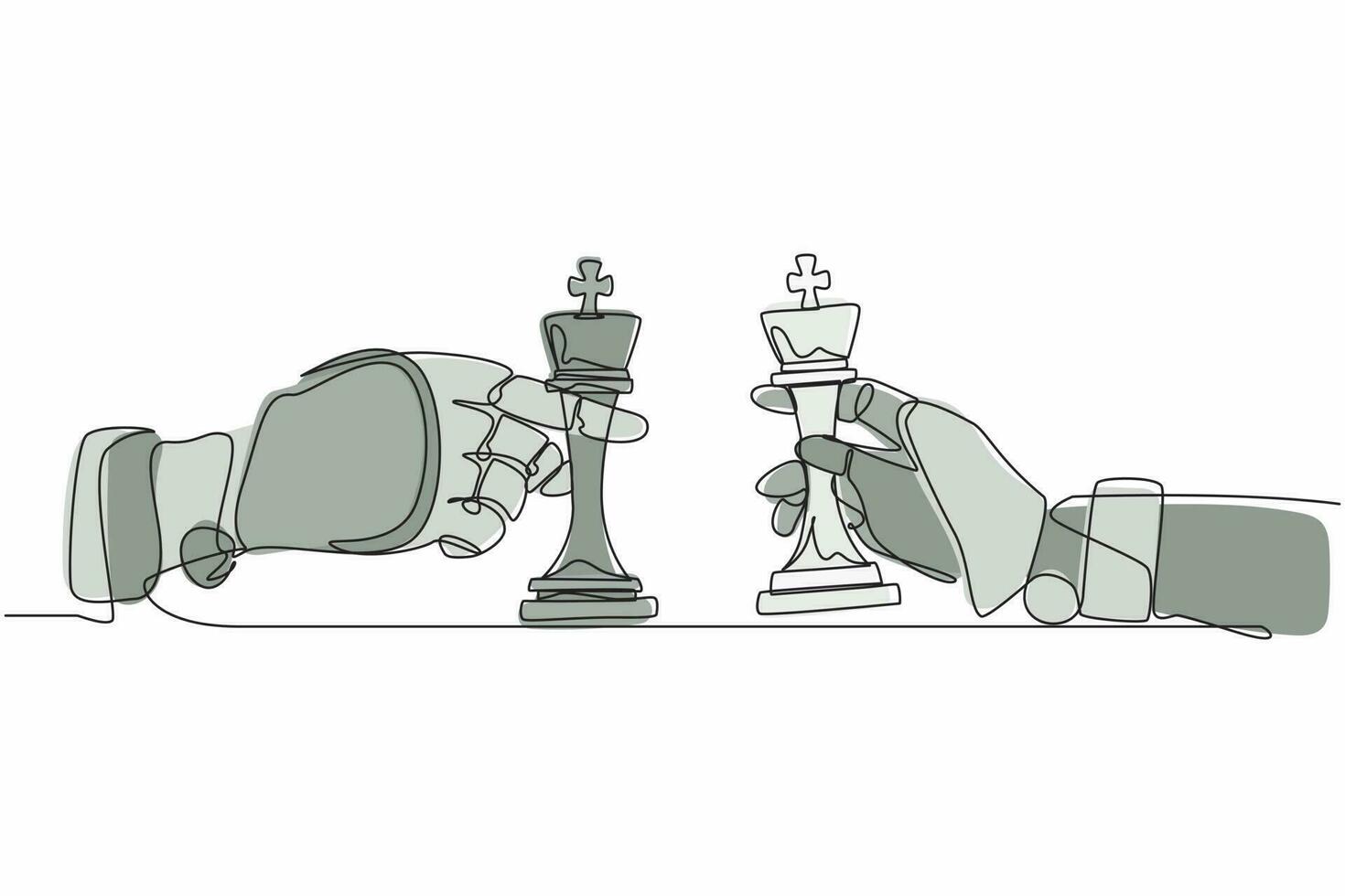 enkele doorlopende lijntekening robots handen met koning schaakstuk en de andere hand ook. robotica kunstmatige intelligentie. elektronische technologie-industrie. één lijn tekenen ontwerp vectorillustratie vector