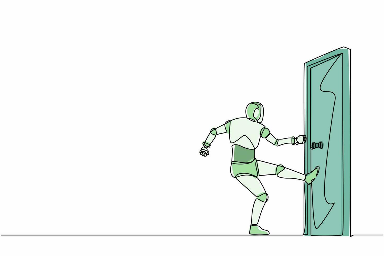 continue één lijntekening robots staande trappen gesloten deur met zijn been. humanoïde robot cybernetisch organisme. toekomstig robotica ontwikkelingsconcept. enkele lijn tekenen ontwerp vector grafische afbeelding