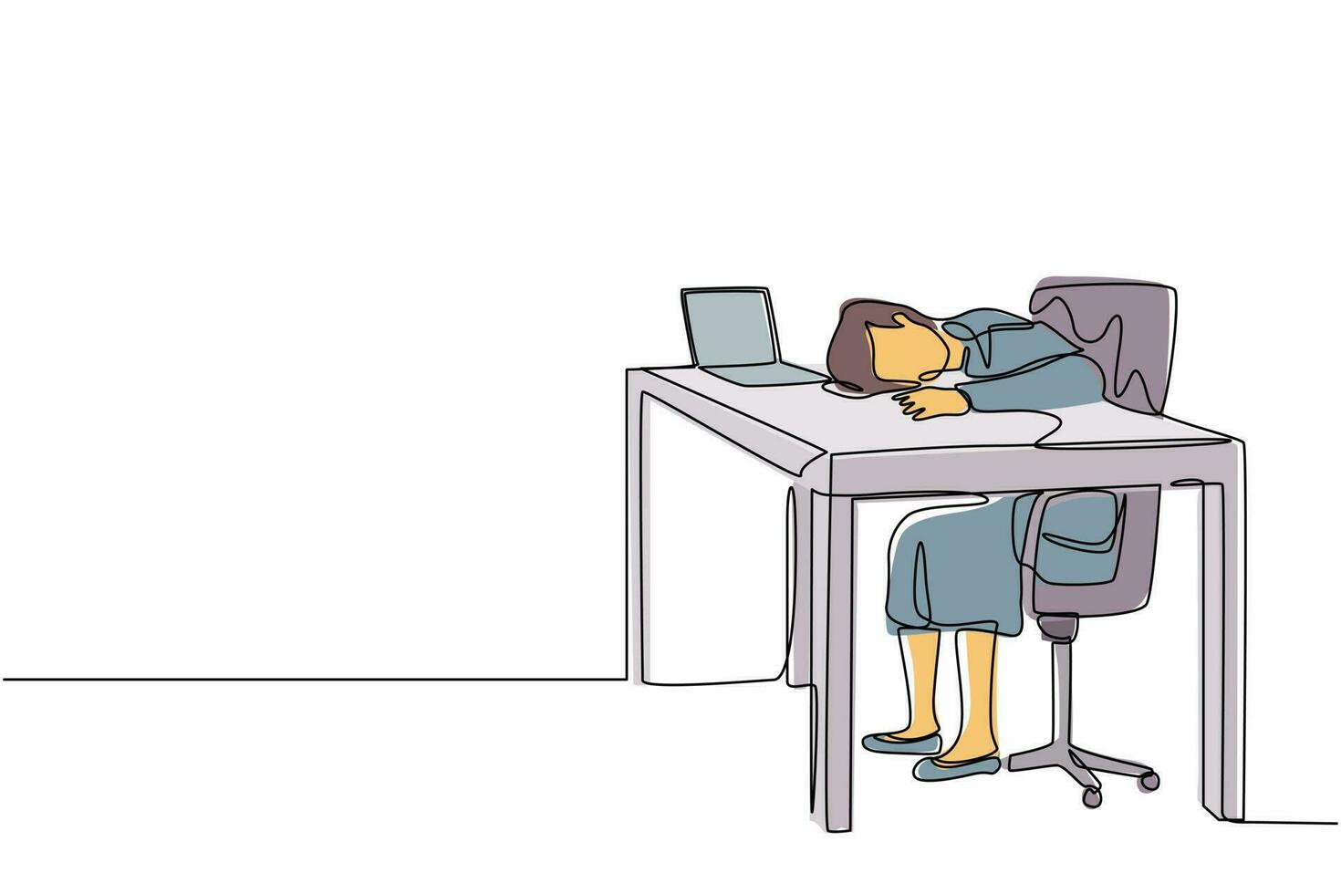 enkele doorlopende lijntekening uitgeput ziek moe vrouwelijke manager in kantoor triest saai zittend met hoofd naar beneden op laptop. gefrustreerde geestelijke gezondheidsproblemen van werknemers. een lijn tekenen grafisch ontwerp vector