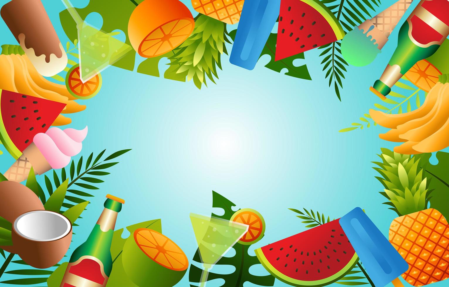 tropisch zomervoedsel, dranken en fruit achtergrondconcept vector