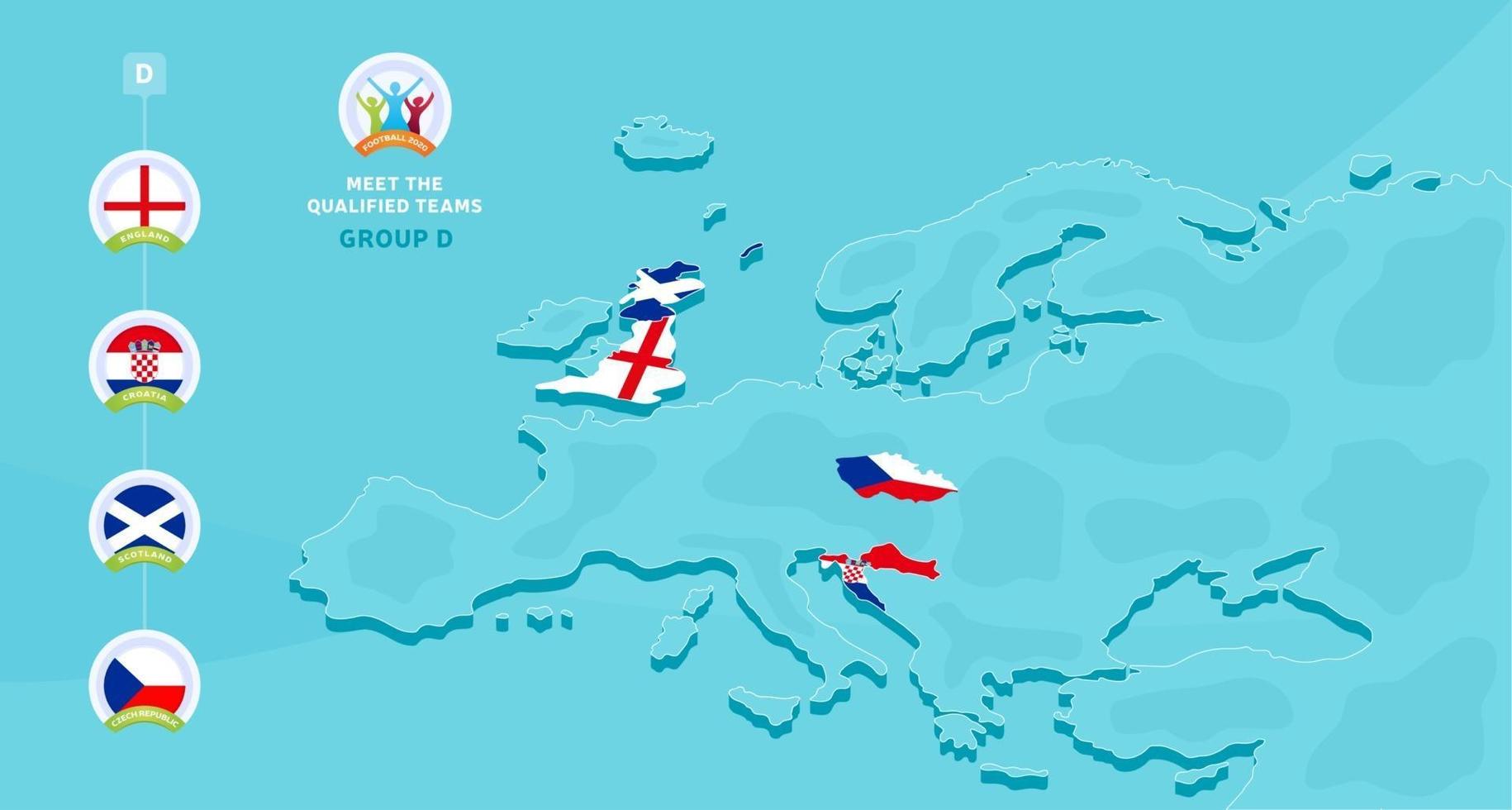 groep d europees 2020 voetbalkampioenschap vectorillustratie met een kaart van Europa en gemarkeerde landen vlag die kwalificeerde voor de laatste fase en logo teken op blauwe achtergrond vector