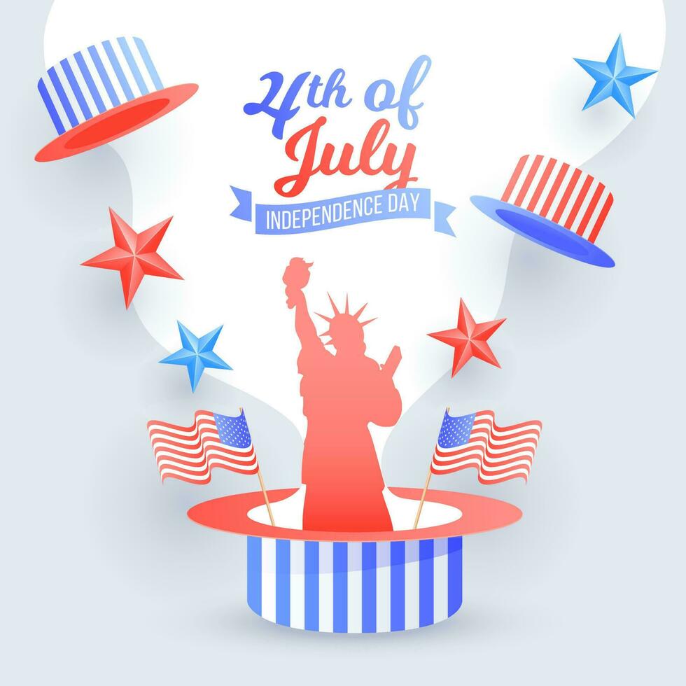 4e van juli onafhankelijkheid dag poster of folder ontwerp versierd met standbeeld van vrijheid, Amerikaans golvend vlaggen en oom Sam hoed. vector