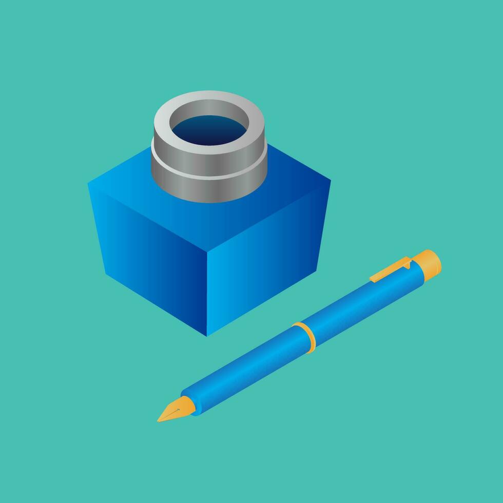 realistisch inkt fles met pen in blauw kleur. vector