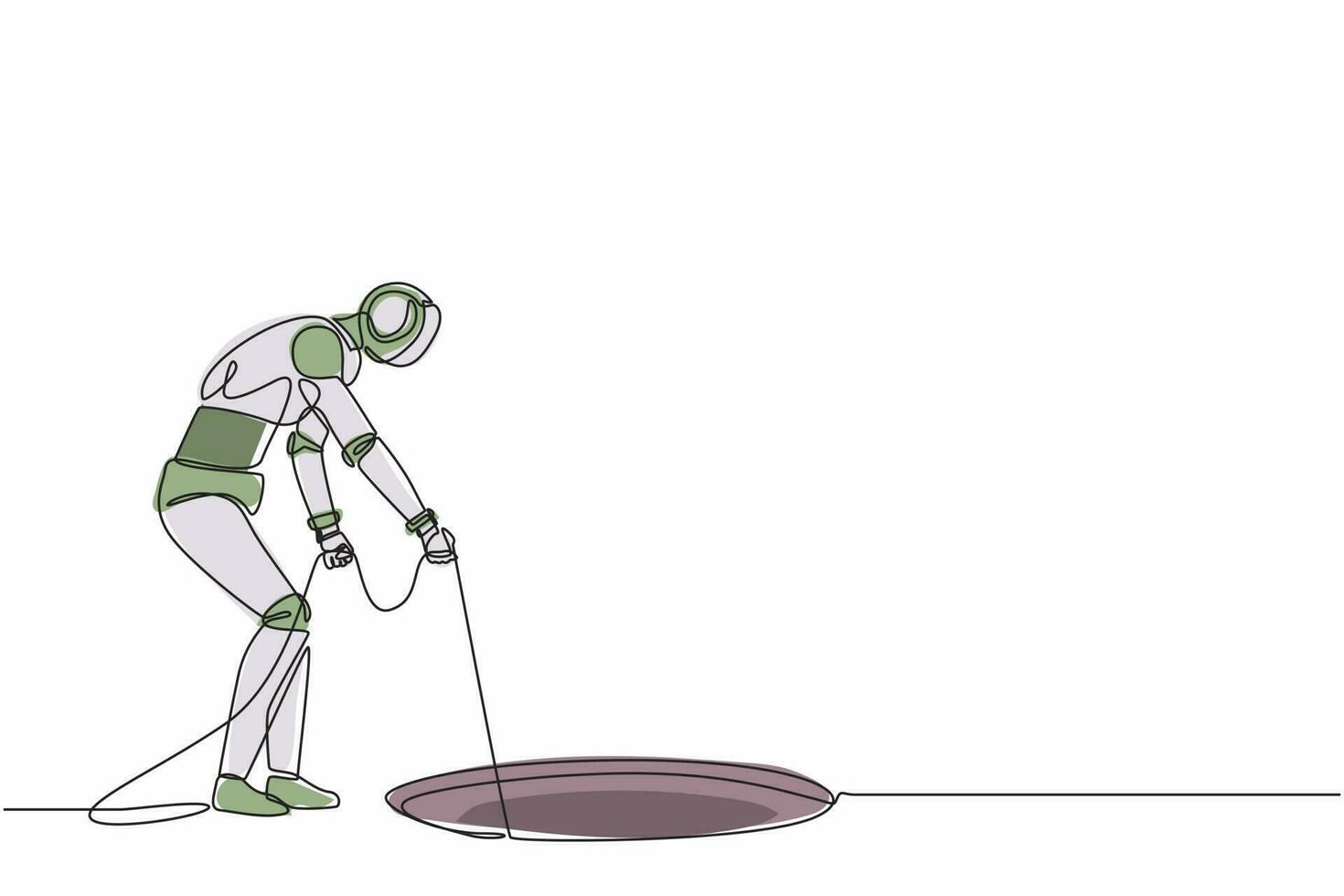 continue een lijntekening robot strekken touw uit in gat. benieuwd, kijkend naar gat. humanoïde robot cybernetisch organisme. toekomstige robotontwikkeling. enkele lijn tekenen ontwerp vectorillustratie vector