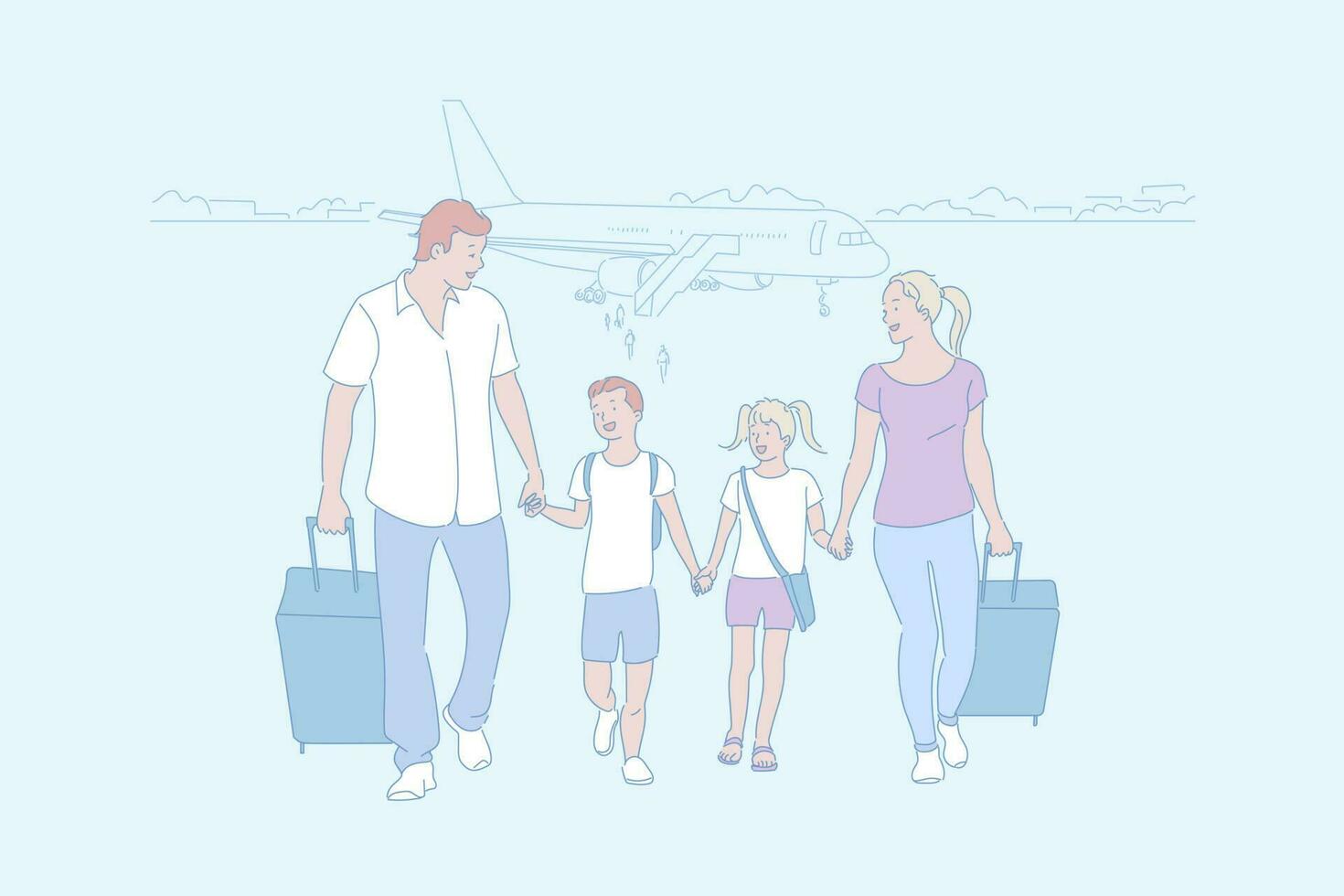 familie reis, reizend, aankomst door lucht concept vector