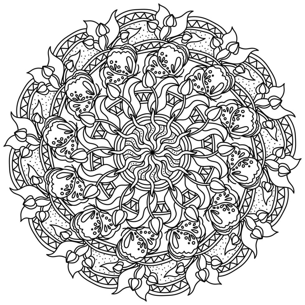 mandala met vlinders en tulpen, meditatief kleur bladzijde met overladen lijnen vector