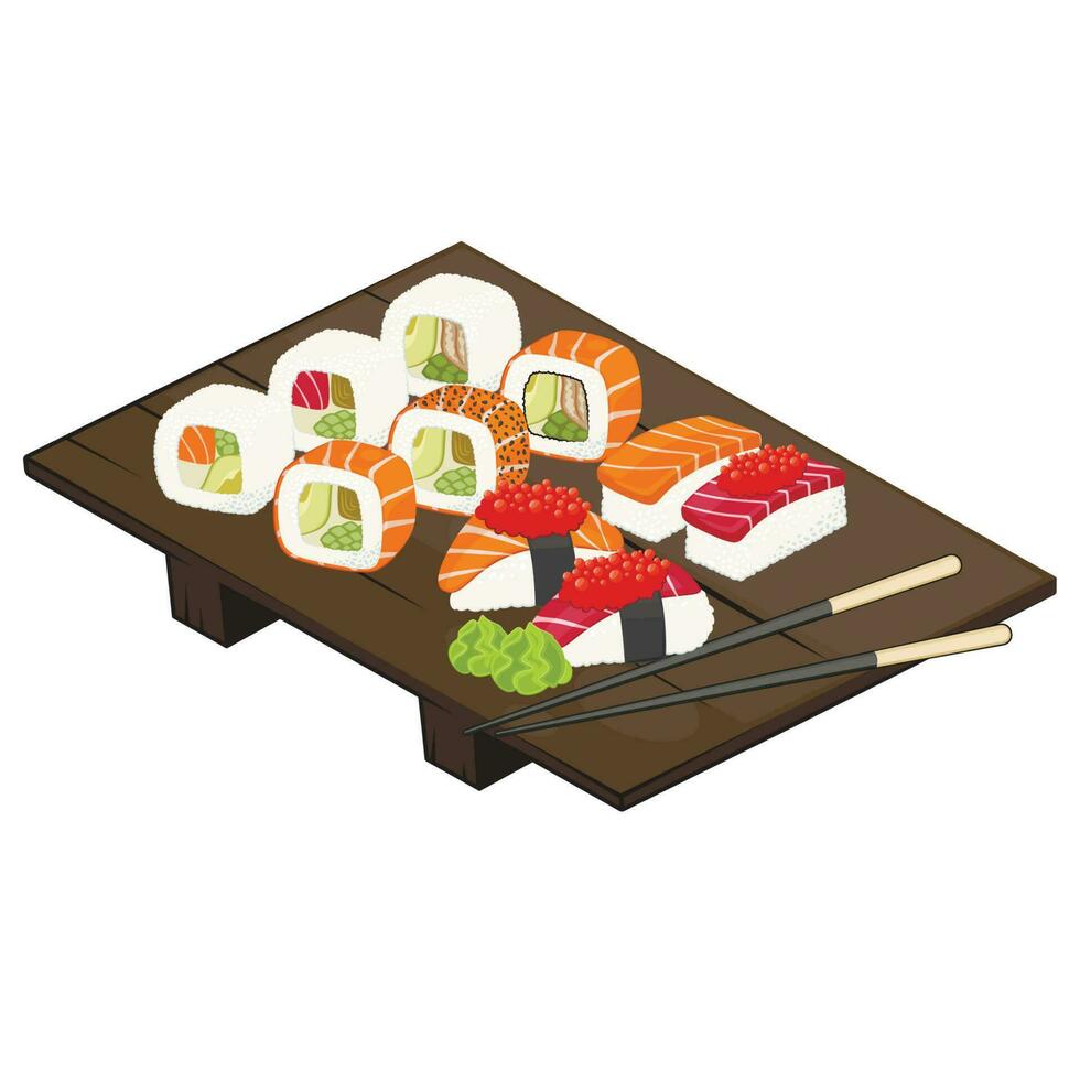 Aziatisch voedsel set. sushi rollen set. soja saus. Japans voedsel concept vector