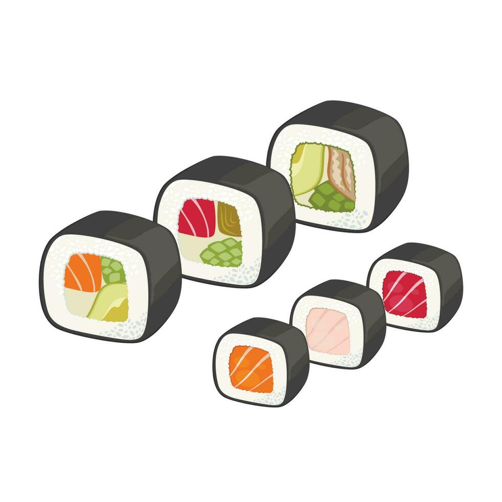 sushi rollen reeks vector illustratie. Japans illustratie, Aziatisch voedsel set. Japans voedsel concept.