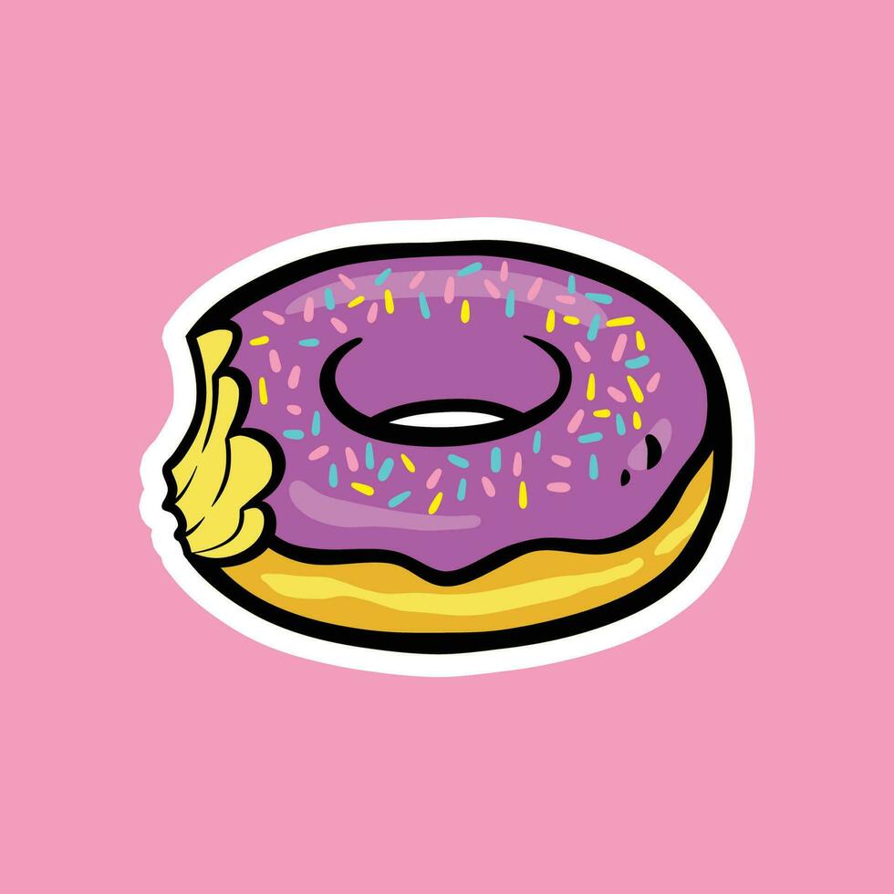 Purper gebeten donut tekenfilm vector