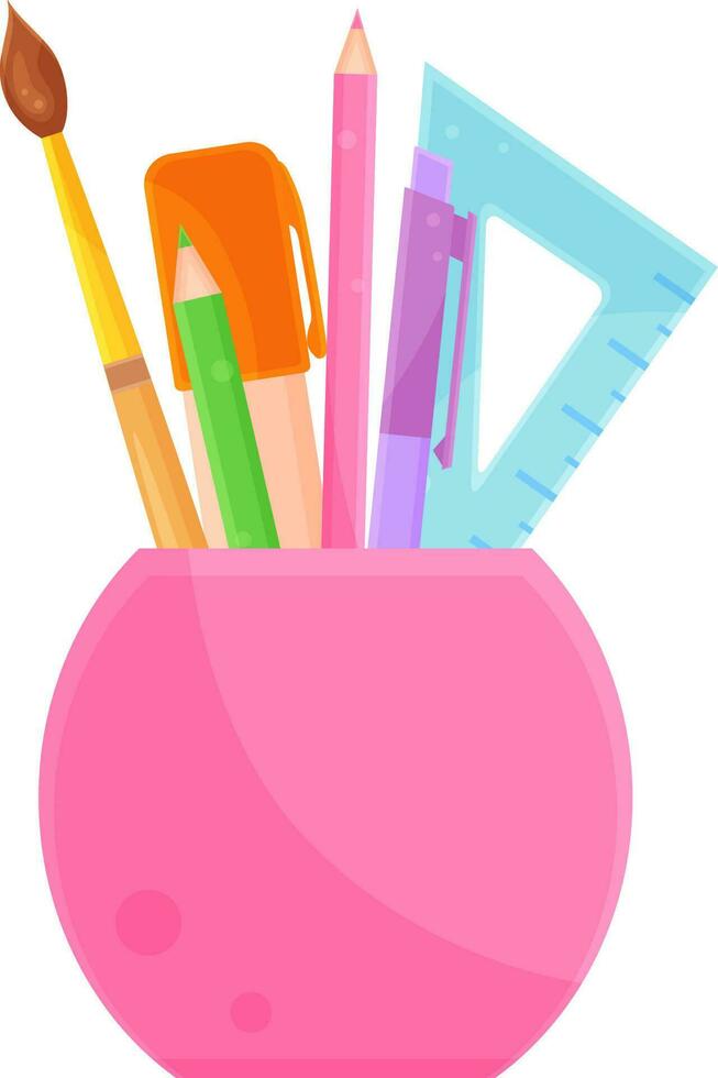 helder vector illustratie van schrijfbehoeften in een roze glas, school- en kantoor benodigdheden, terug naar school-