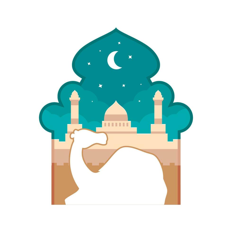 een papier besnoeiing illustratie van een kameel in voorkant van een moskee. vector