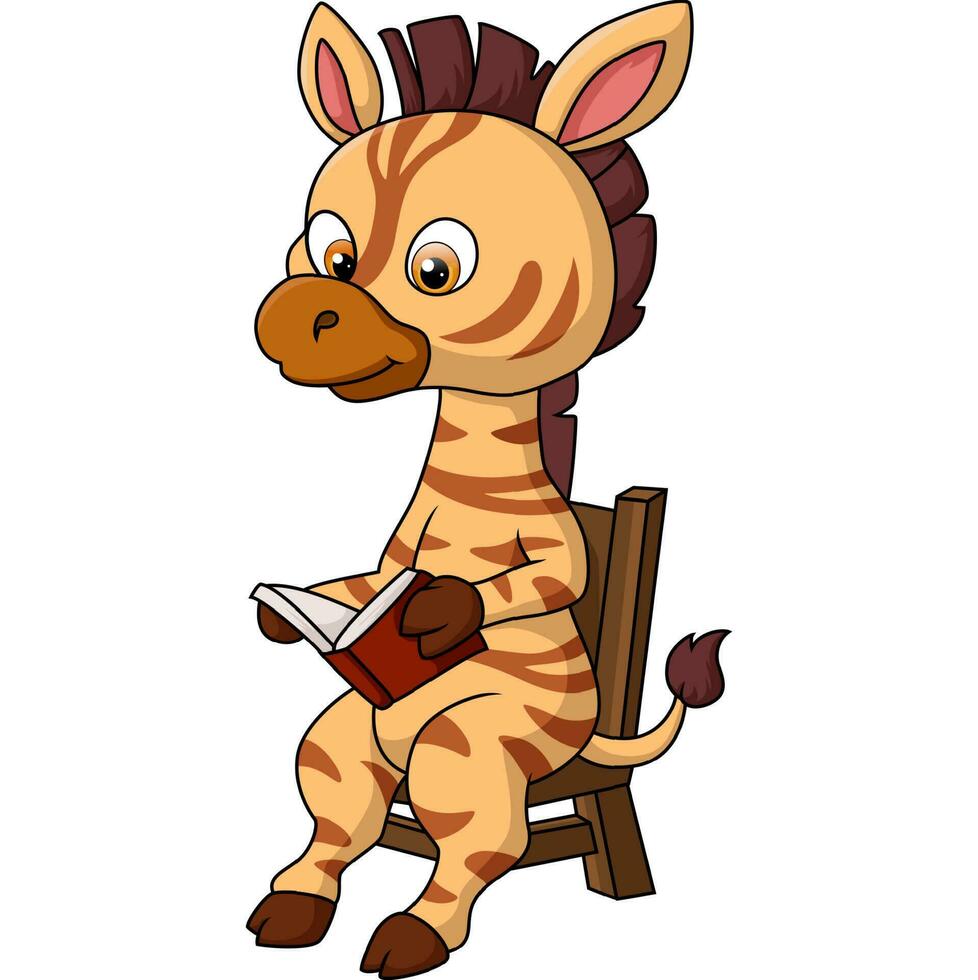 schattig weinig giraffe tekenfilm lezing een boek Aan houten stoel vector