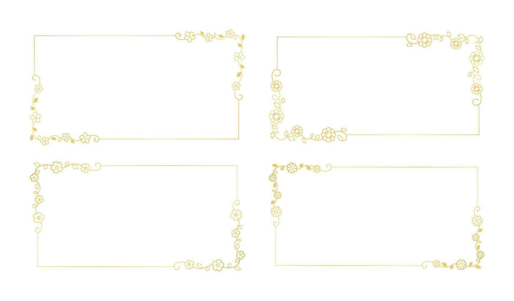 goud bloemen rechthoek kader set. gemakkelijk lijn grens, bladeren en bloemen, bruiloft uitnodiging en kaarten, logo ontwerp en posters sjabloon. elegant minimaal stijl bloemen vector geïsoleerd