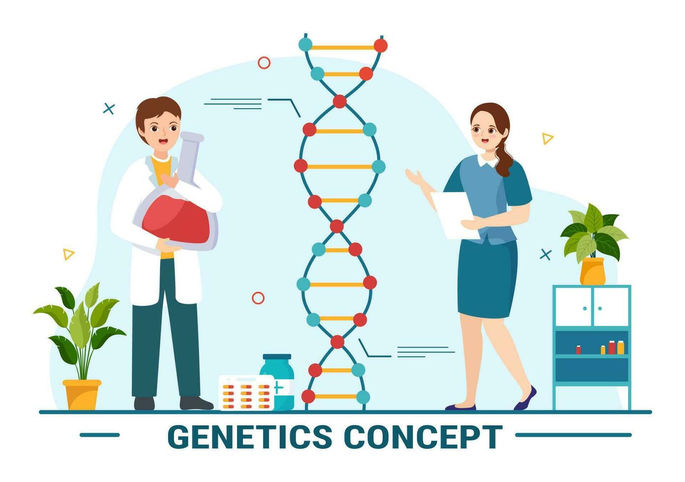 genetisch wetenschap concept vector illustratie met dna molecuul structuur en wetenschap technologie in gezondheidszorg vlak tekenfilm hand- getrokken Sjablonen