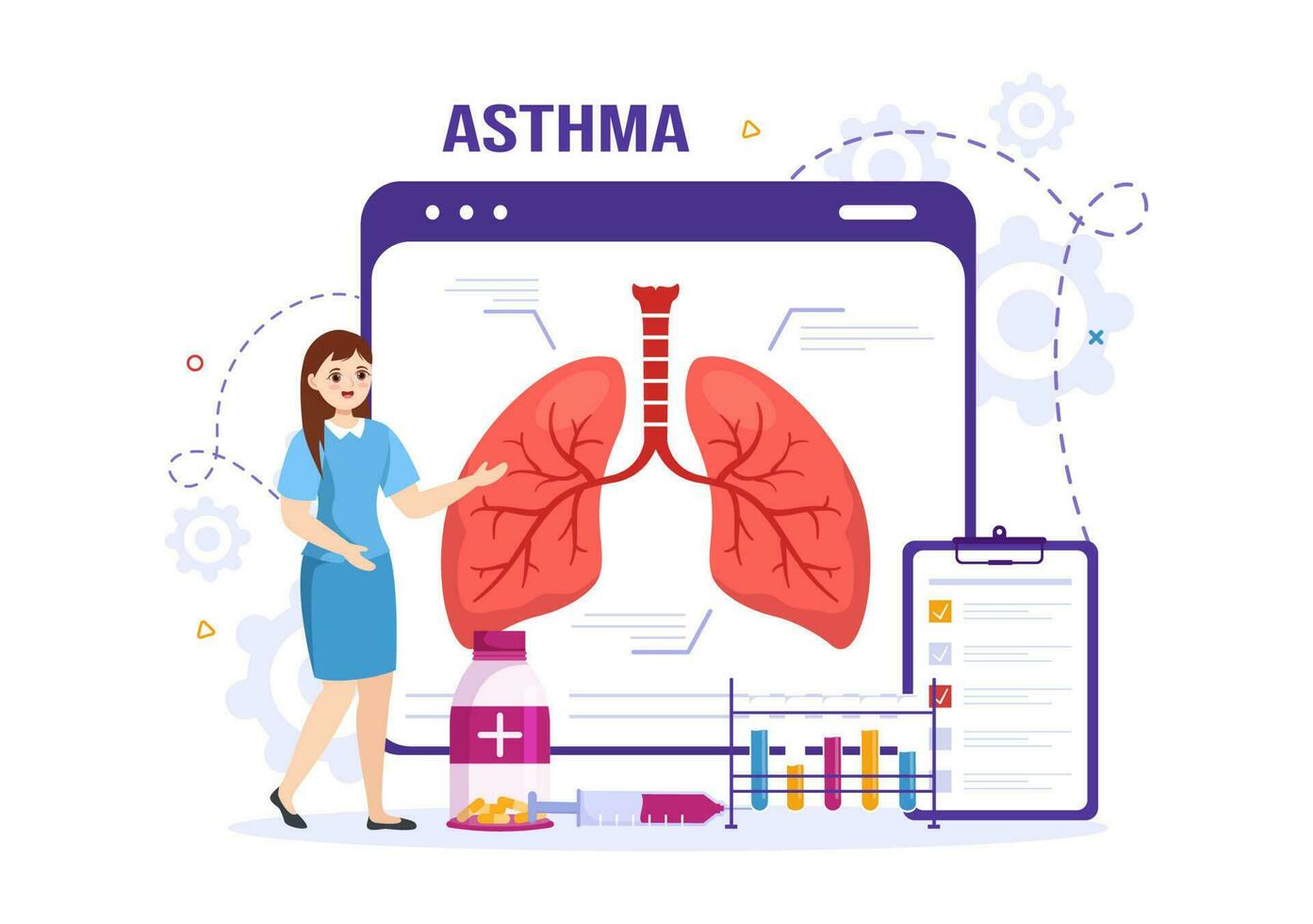 astma ziekte vector illustratie met menselijk longen en inhalatoren voor ademen in gezondheidszorg vlak tekenfilm hand- getrokken landen bladzijde Sjablonen