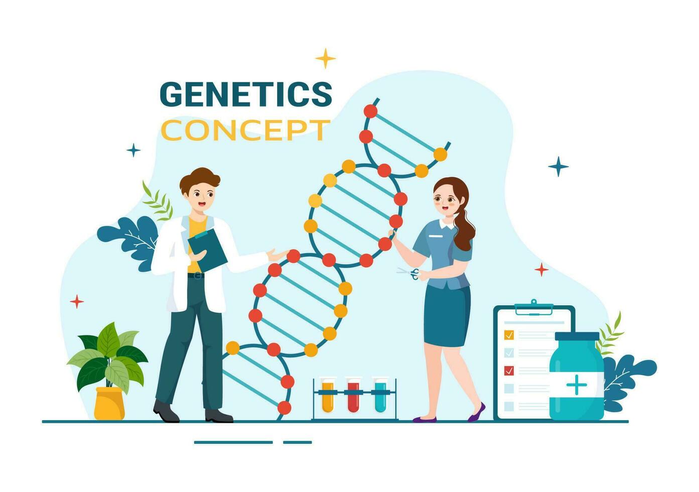 genetisch wetenschap concept vector illustratie met dna molecuul structuur en wetenschap technologie in gezondheidszorg vlak tekenfilm hand- getrokken Sjablonen